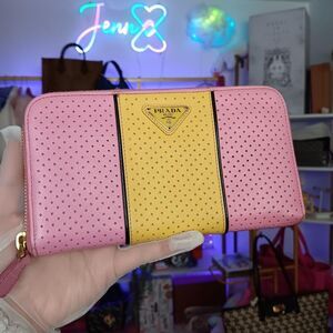 Prada Pink Yellow Striped Perforated Saffiano Leather Zip Around Wallet Lemonade